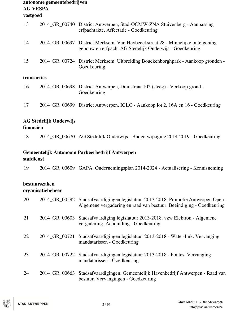 Uitbreiding Bouckenborghpark - Aankoop gronden - transacties 16 2014_GR_00698 District Antwerpen, Duinstraat 102 (steeg) - Verkoop grond - 17 2014_GR_00699 District Antwerpen.