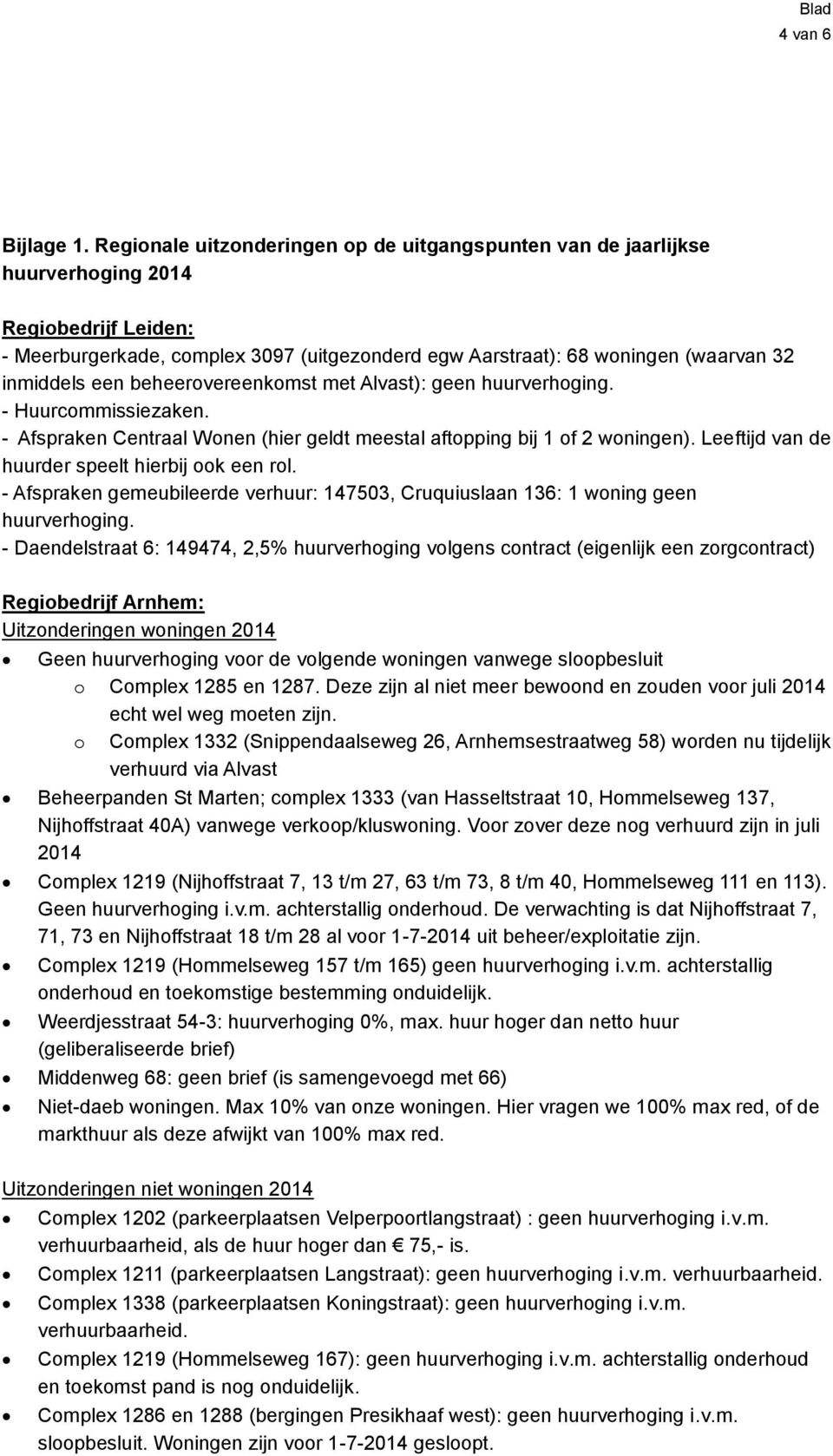 een beheerovereenkomst met Alvast): geen huurverhoging. - Huurcommissiezaken. - Afspraken Centraal Wonen (hier geldt meestal aftopping bij 1 of 2 woningen).