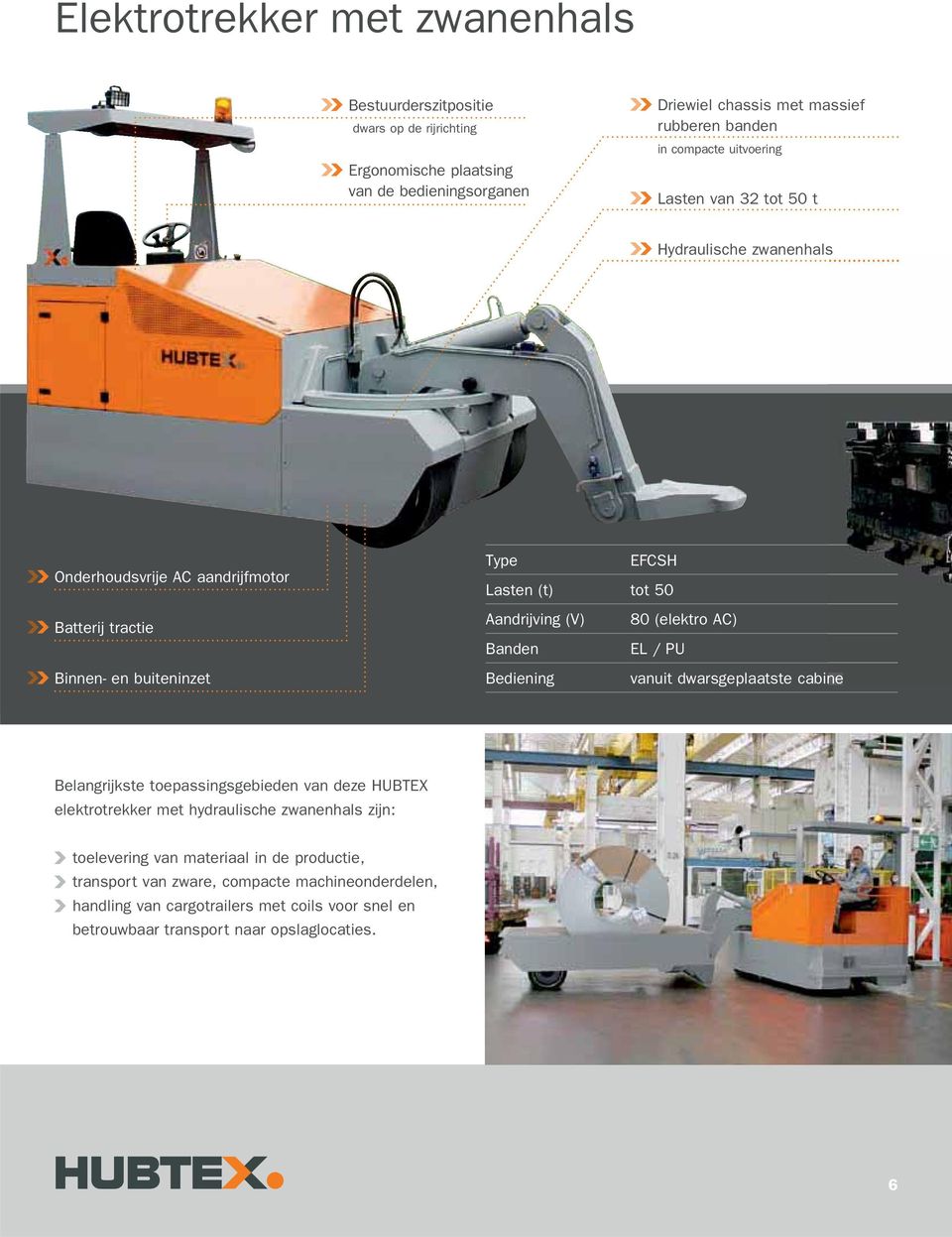 Aandrijving (V) Banden Bediening 80 (elektro AC) EL / PU vanuit dwarsgeplaatste cabine Belangrijkste toepassingsgebieden van deze HUBTEX elektrotrekker met hydraulische