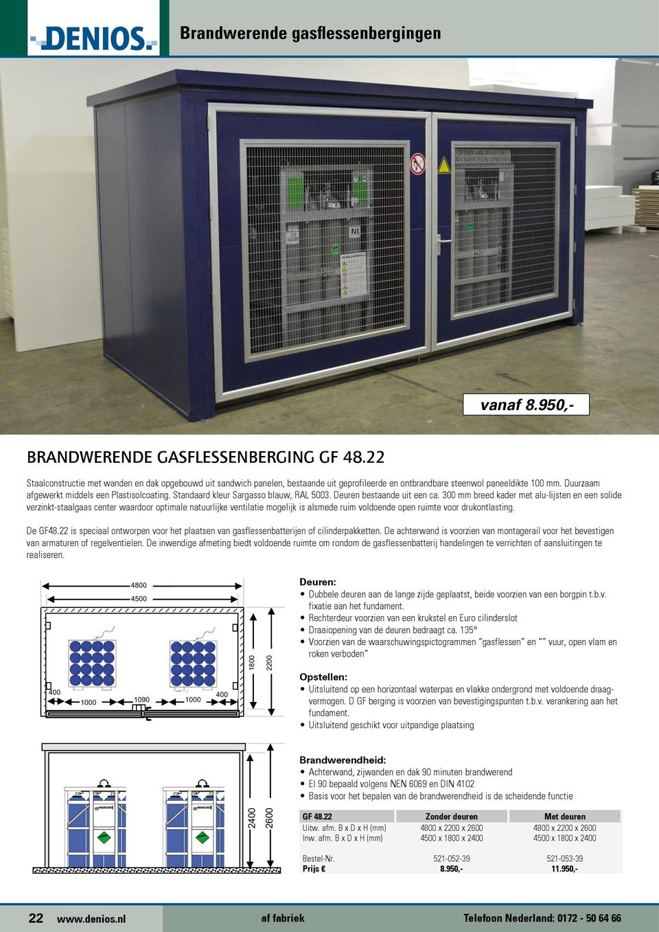 Standaard kleur Sargasso blauw, RAL 5003. Deuren bestaande uit een ca.