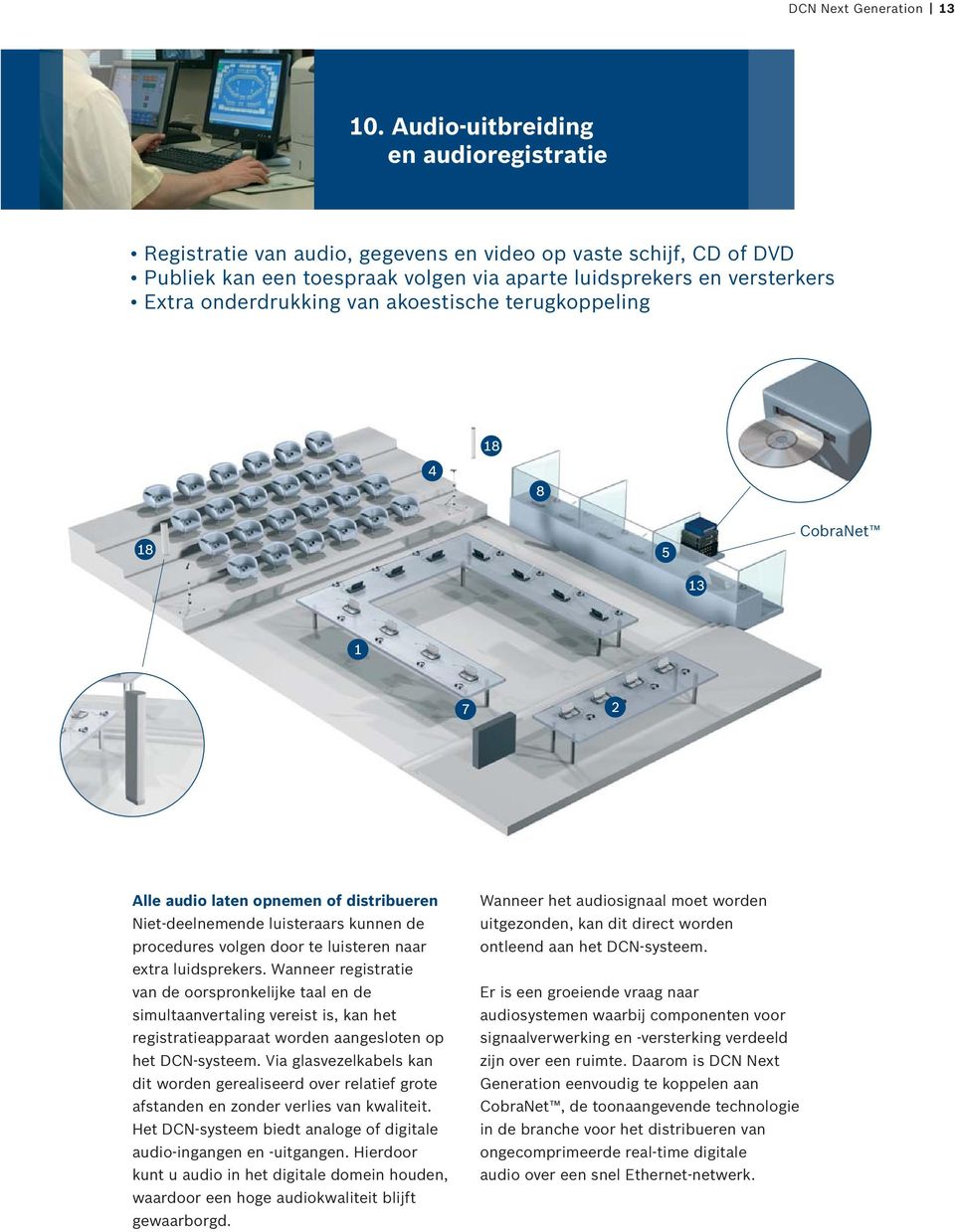 van akoestische terugkoppeling 8 4 8 8 CobraNet 7 Alle audio laten opnemen of distribueren Niet-deelnemende luisteraars kunnen de procedures volgen door te luisteren naar extra luidsprekers.