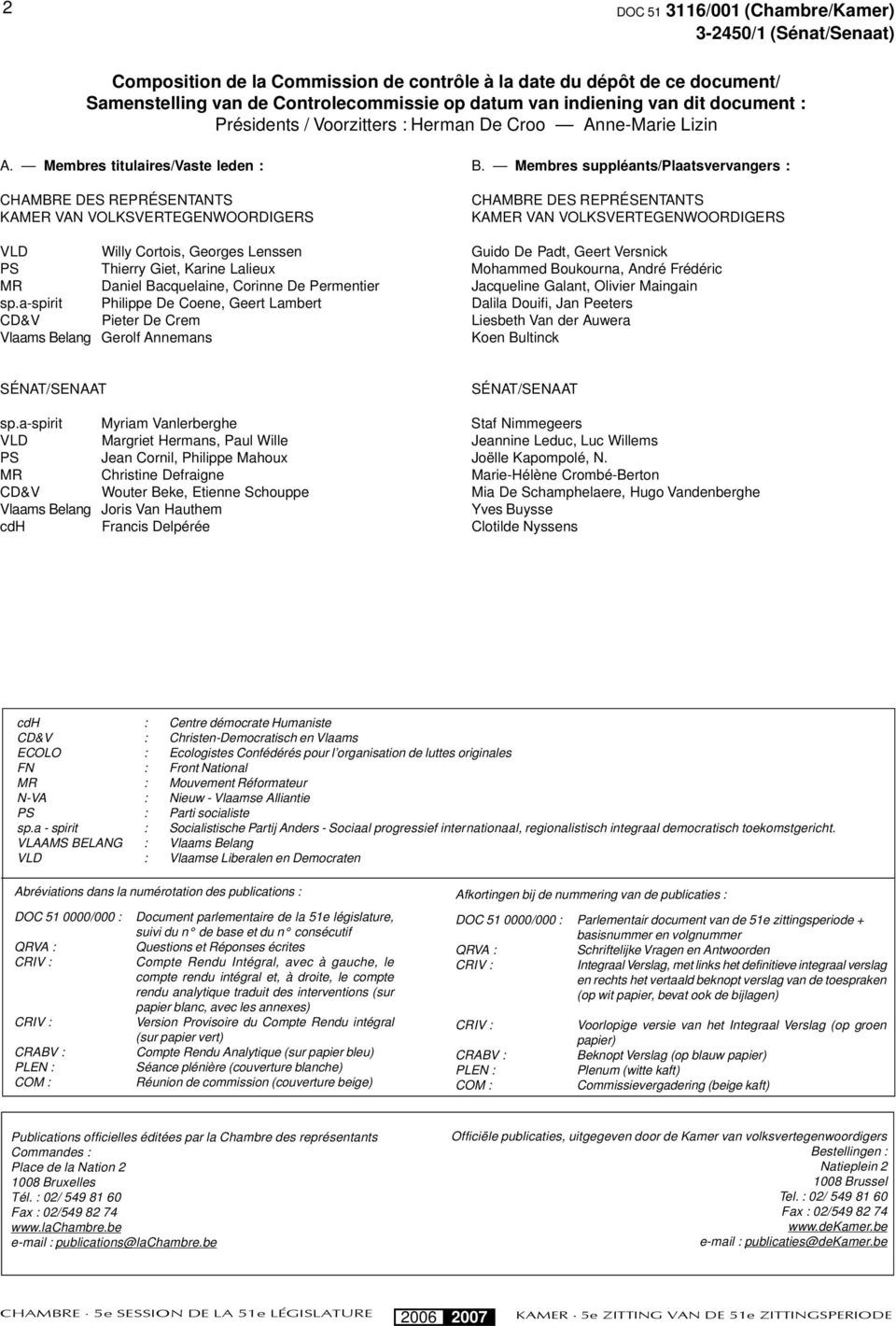 Membres suppléants/plaatsvervangers : CHAMBRE DES REPRÉSENTANTS KAMER VAN VOLKSVERTEGENWOORDIGERS CHAMBRE DES REPRÉSENTANTS KAMER VAN VOLKSVERTEGENWOORDIGERS VLD Willy Cortois, Georges Lenssen Guido