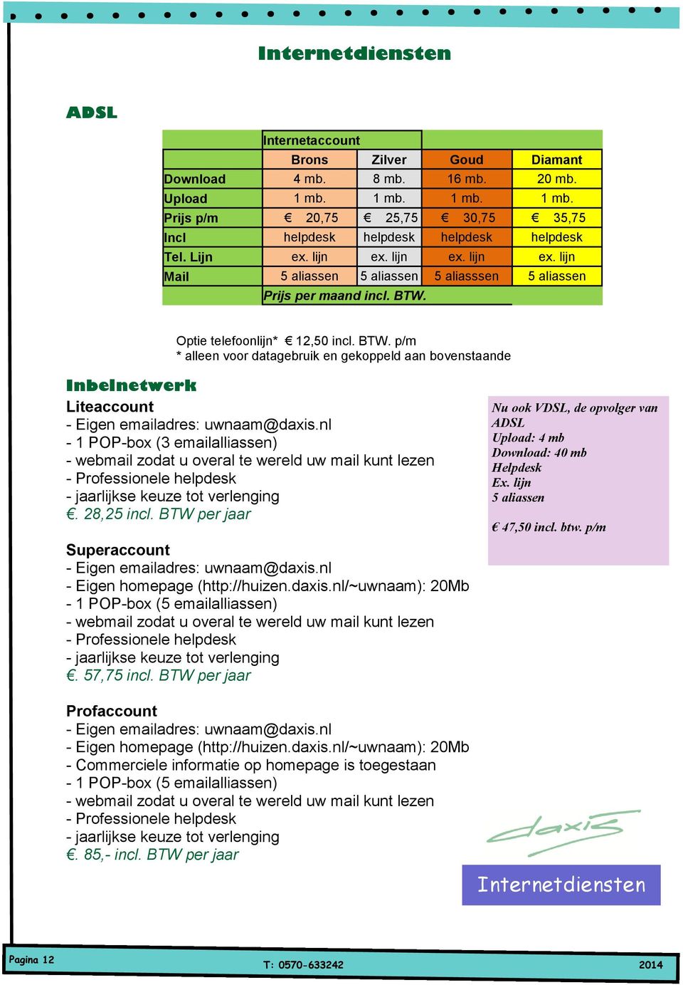 Optie telefoonlijn* 12,50 incl. BTW. p/m * alleen voor datagebruik en gekoppeld aan bovenstaande Inbelnetwerk Liteaccount - Eigen emailadres: uwnaam@daxis.