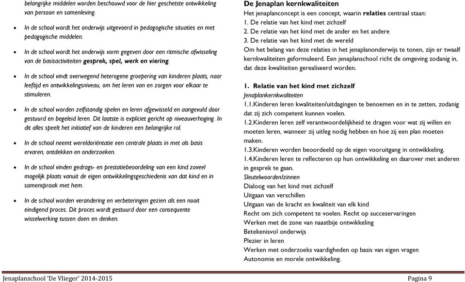 In de school wordt het onderwijs vorm gegeven door een ritmische afwisseling van de basisactiviteiten gesprek, spel, werk en viering.