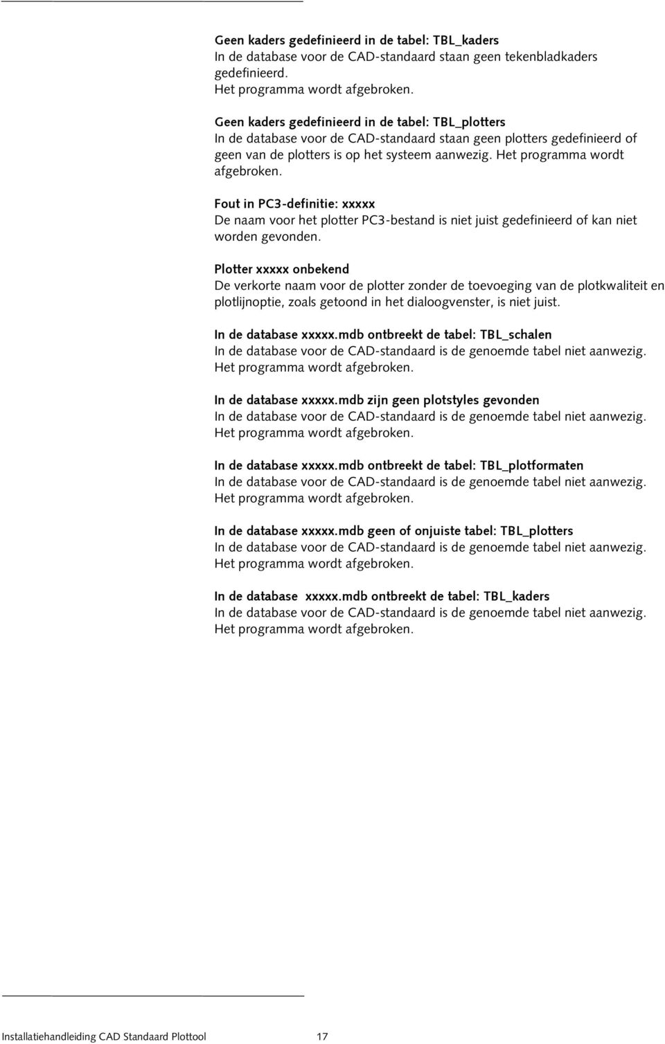 Het programma wordt afgebroken. Fout in PC3-definitie: xxxxx De naam voor het plotter PC3-bestand is niet juist gedefinieerd of kan niet worden gevonden.