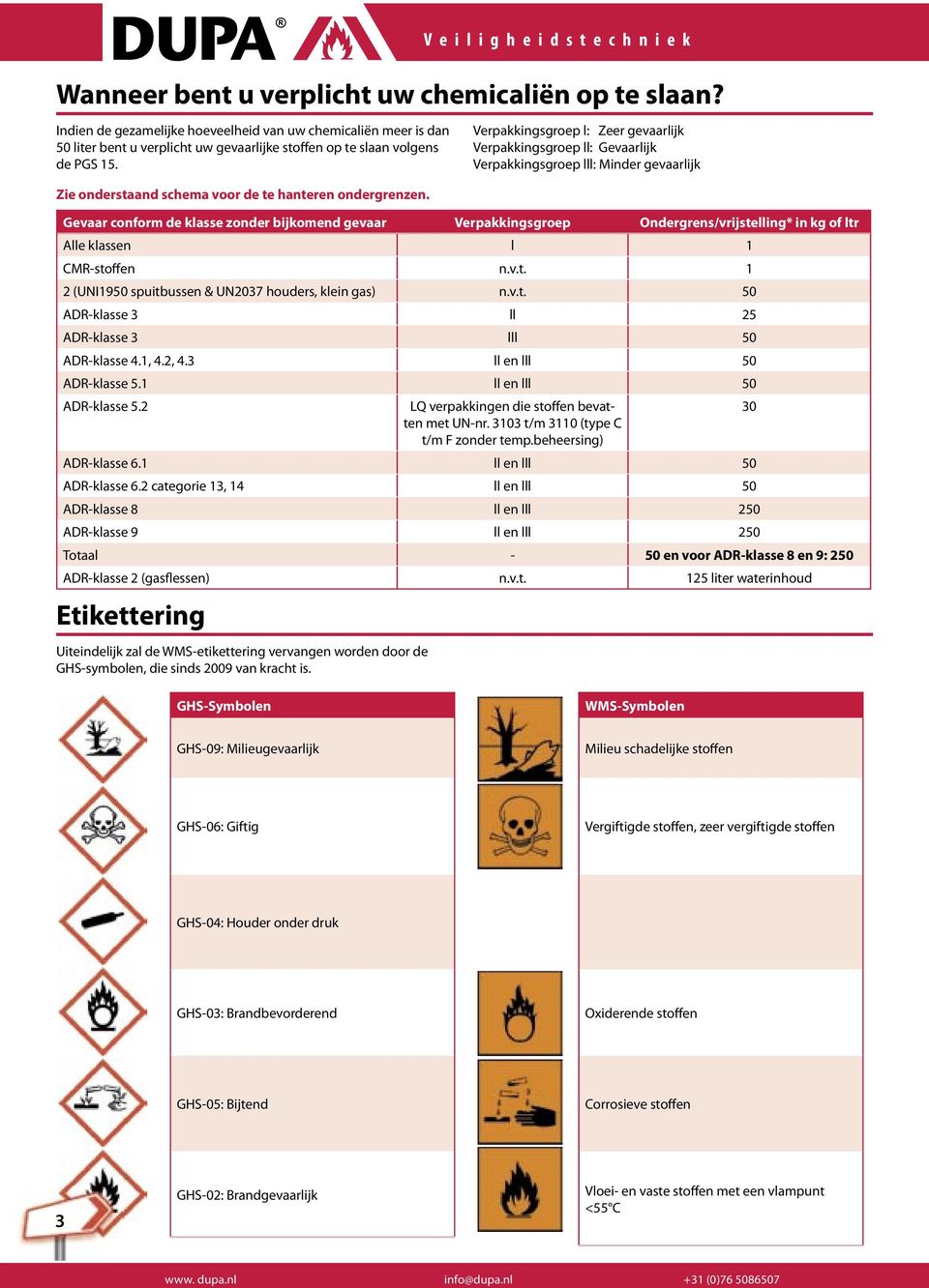 Gevaar conform de klasse zonder bijkomend gevaar Verpakkingsgroep Ondergrens/vrijstelling* in kg of ltr Alle klassen l 1 CMR-stoffen n.v.t. 1 2 (UNI1950 spuitbussen & UN2037 houders, klein gas) n.v.t. 50 ADR-klasse 3 ll 25 ADR-klasse 3 lll 50 ADR-klasse 4.