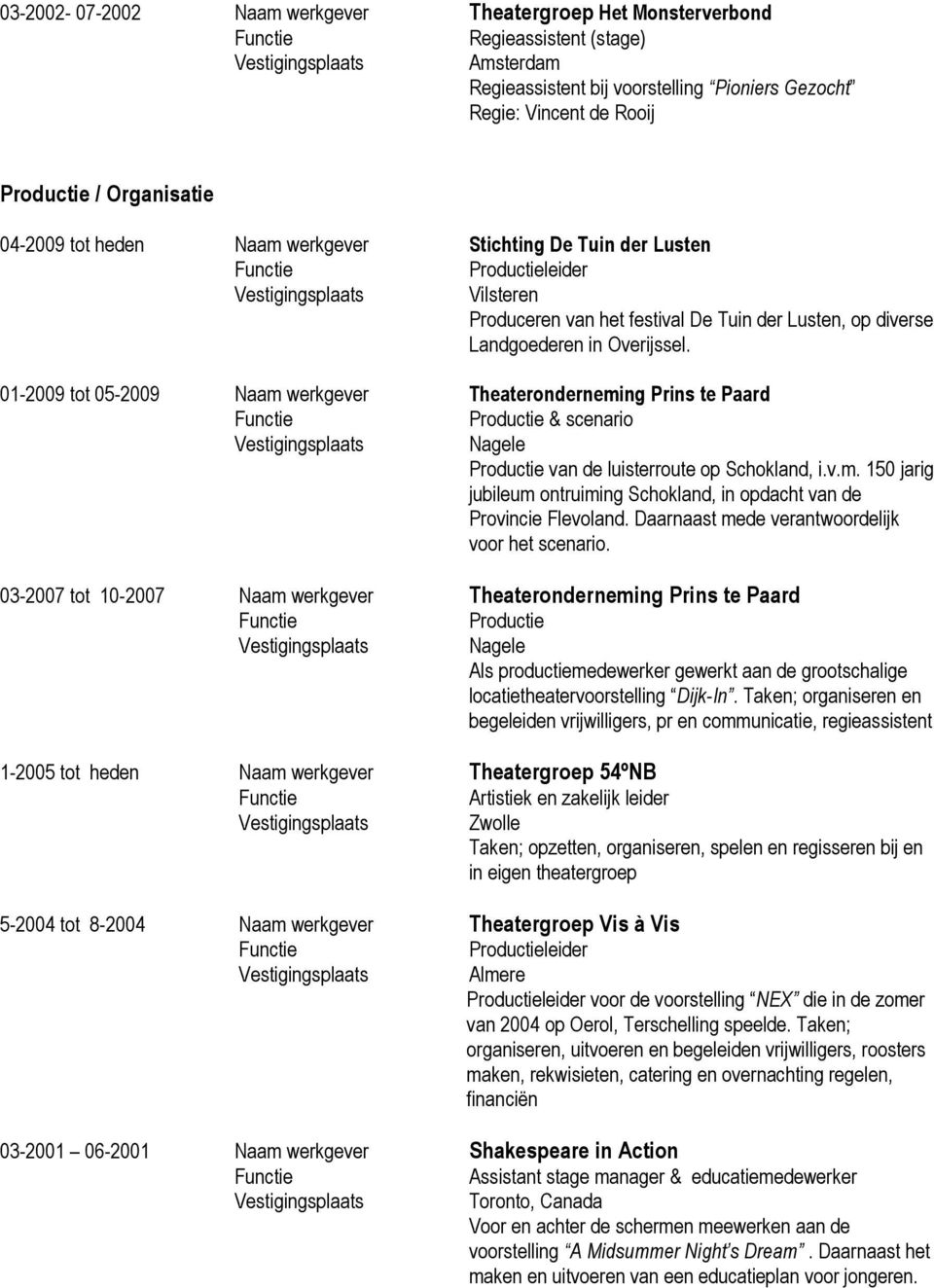 01-2009 tot 05-2009 Naam werkgever Theateronderneming Prins te Paard Productie & scenario Productie van de luisterroute op Schokland, i.v.m. 150 jarig jubileum ontruiming Schokland, in opdacht van de Provincie Flevoland.