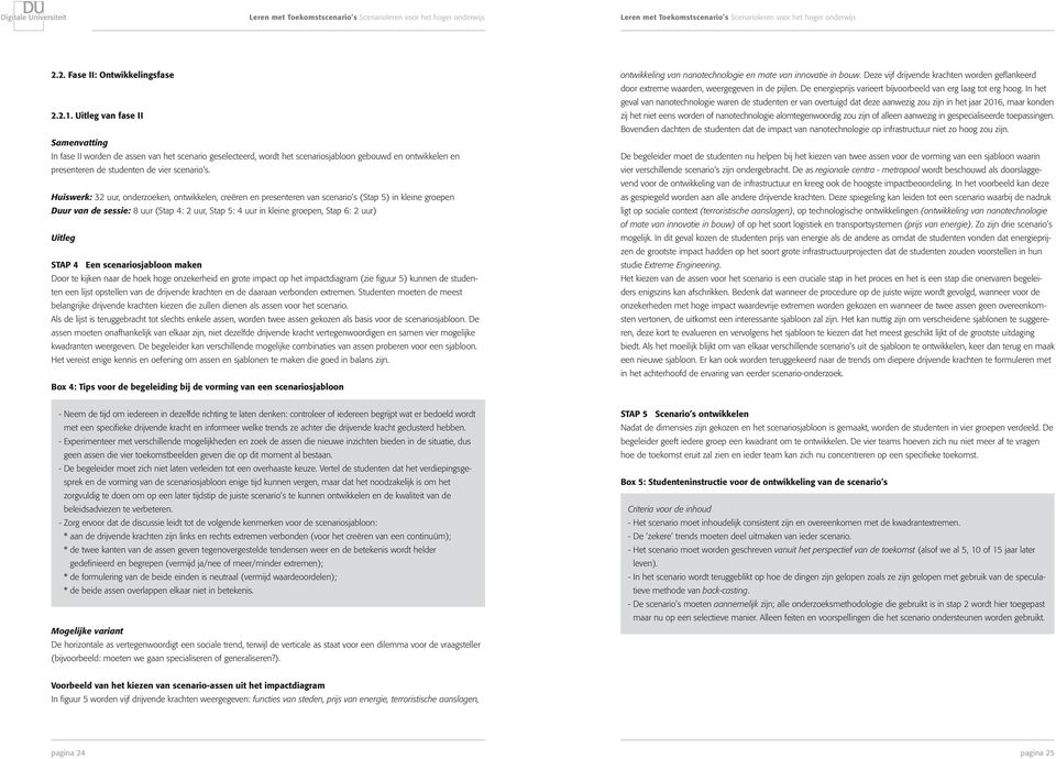 Huiswerk: 32 uur, onderzoeken, ontwikkelen, creëren en presenteren van scenario s (Stap 5) in kleine groepen Duur van de sessie: 8 uur (Stap 4: 2 uur, Stap 5: 4 uur in kleine groepen, Stap 6: 2 uur)