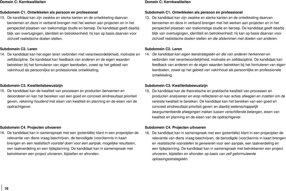 beroep. De kandidaat geeft daarbij blijk van overtuigingen, identiteit en betrokkenheid; hij kan op basis daarvan voor zichzelf realistische doelen stellen. Subdomein C1.