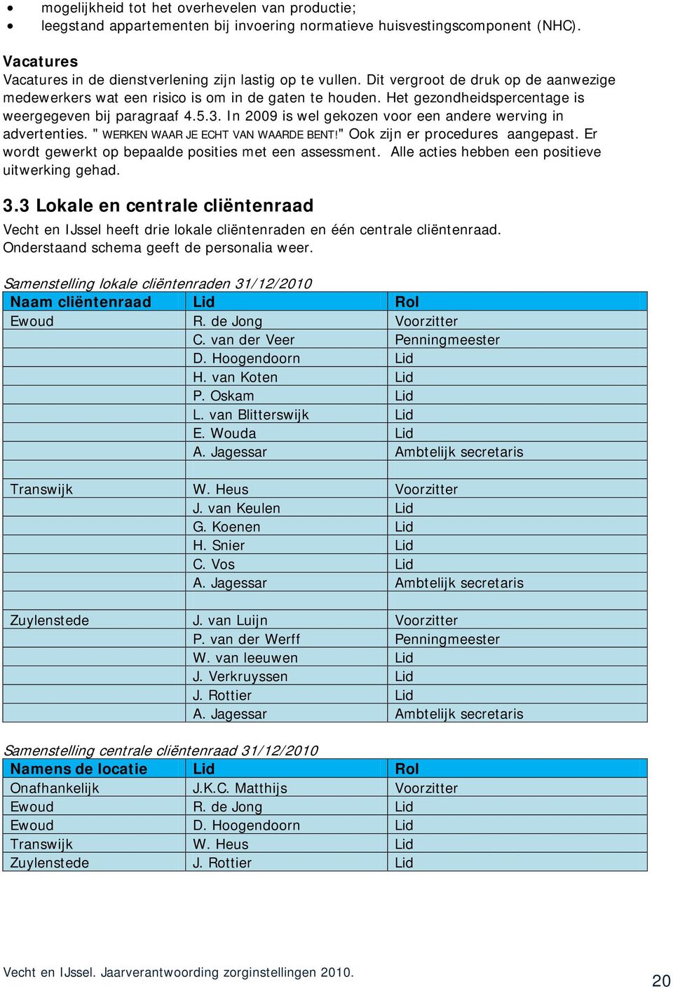 In 2009 is wel gekozen voor een andere werving in advertenties. " WERKEN WAAR JE ECHT VAN WAARDE BENT!" Ook zijn er procedures aangepast. Er wordt gewerkt op bepaalde posities met een assessment.