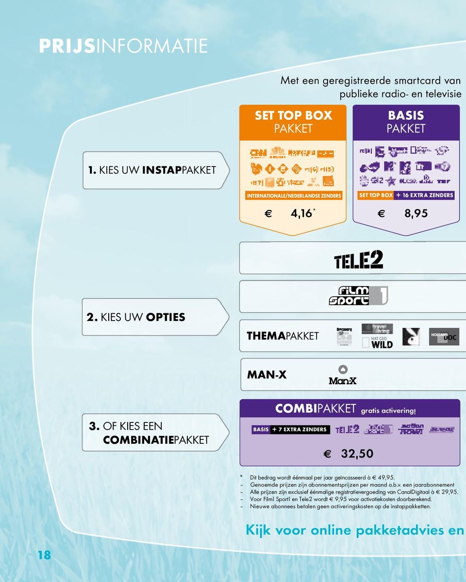 OF KIES EEN COMBINATIEPAKKET COMBIPAKKET gratis activering! BASIS + 7 EXTRA ZENDERS 32,50 Dit bedrag wordt éénmaal per jaar geïncasseerd à 49,95.