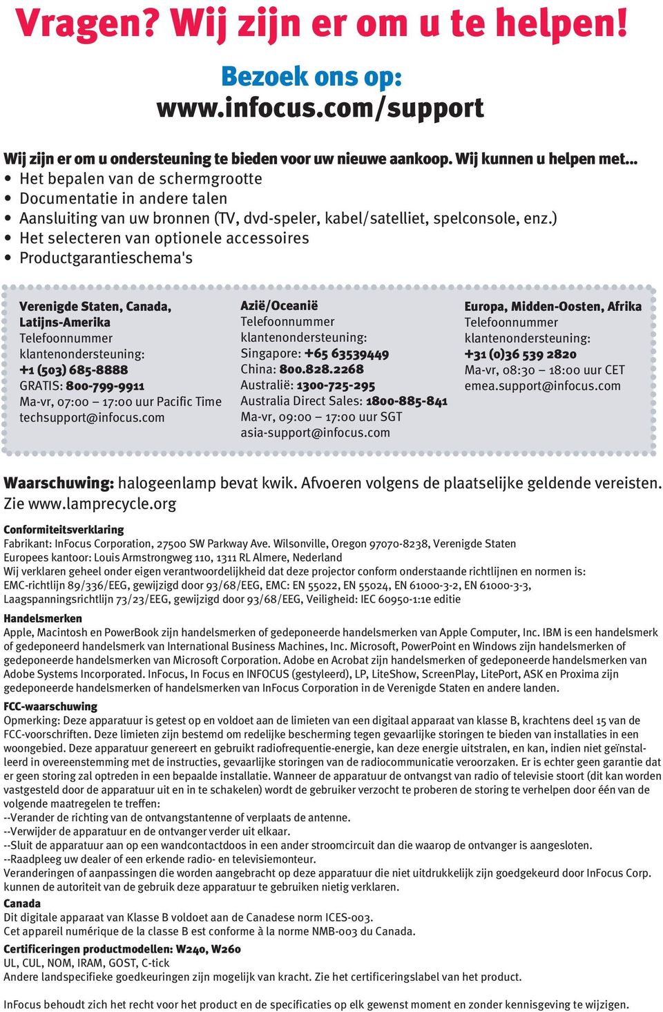 ) Het selecteren van optionele accessoires Productgarantieschema's Verenigde Staten, Canada, Latijns-Amerika Telefoonnummer klantenondersteuning: + (50) 685-8888 GRATIS: 800-799-99 Ma-vr, 07:00 7:00