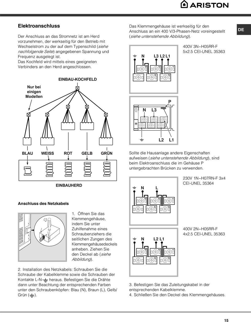 Das Klemmengehäuse ist werkseitig für den nschluss an ein 00 V/PhasenNetz voreingestellt (siehe untenstehende bbildung). N L L L 5 00V N~H05RRF 5x.