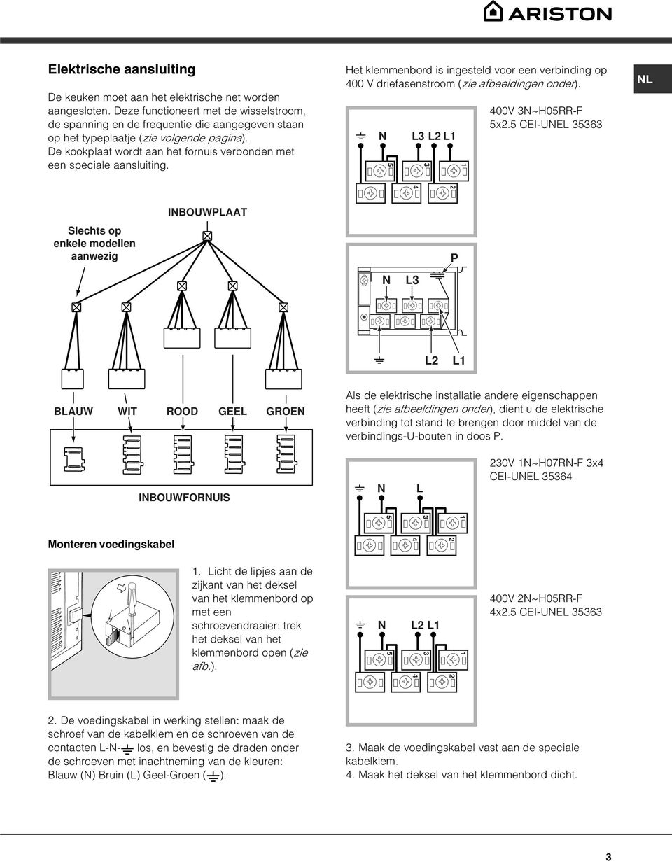 De kookplaat wordt aan het fornuis verbonden met een speciale aansluiting. Het klemmenbord is ingesteld voor een verbinding op 00 V driefasenstroom (zie afbeeldingen onder). N L L L 5 00V N~H05RRF 5x.