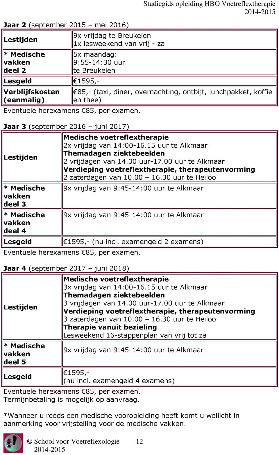 Jaar 3 (september 2016 juni 2017) Lestijden * Medische vakken deel 3 * Medische vakken deel 4 Lesgeld Medische voetreflextherapie 2x vrijdag van 14:00-16.