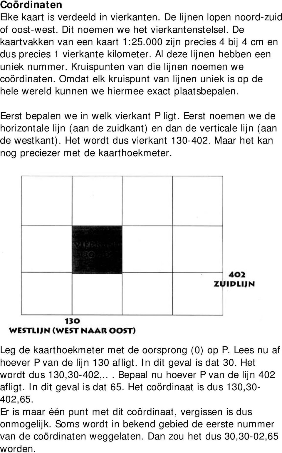 Omdat elk kruispunt van lijnen uniek is op de hele wereld kunnen we hiermee exact plaatsbepalen. Eerst bepalen we in welk vierkant P ligt.