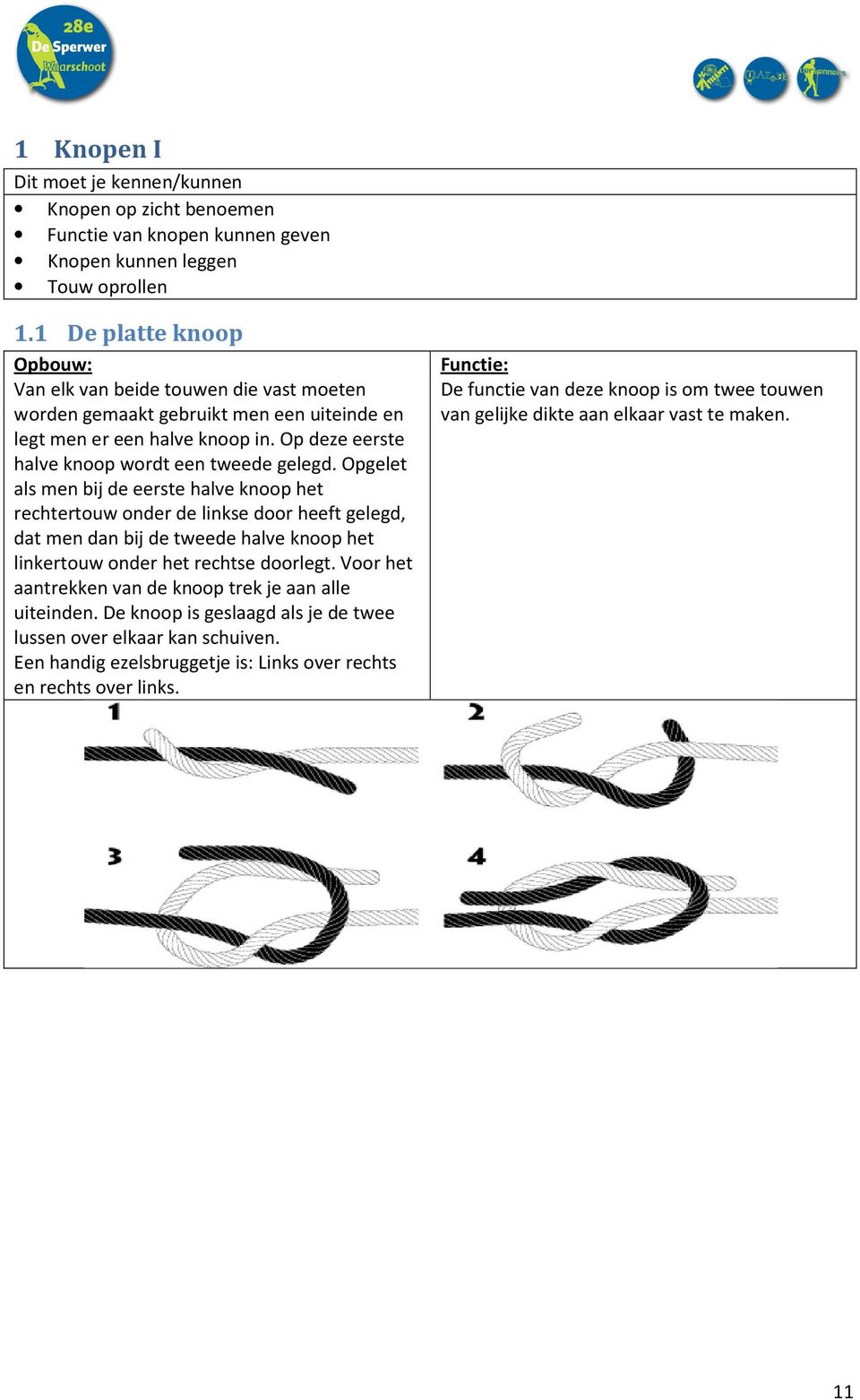 Opgelet als men bij de eerste halve knoop het rechtertouw onder de linkse door heeft gelegd, dat men dan bij de tweede halve knoop het linkertouw onder het rechtse doorlegt.