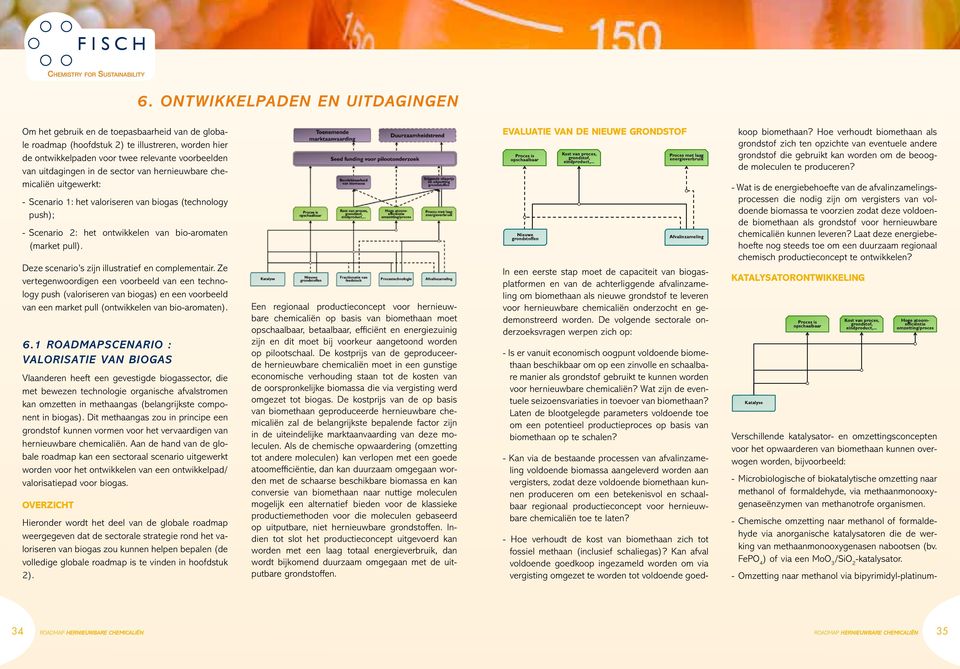 be van uitdagingen in de sector van hernieuwbare chemicaliën uitgewerkt: - Scenario 1: het valoriseren van biogas (technology push); - Scenario 2: het ontwikkelen van bio-aromaten (market pull).