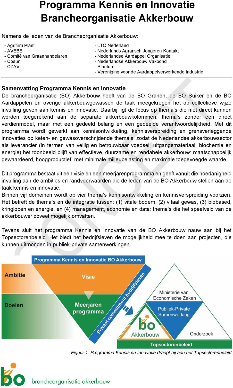 en Innovatie De brancheorganisatie (BO) Akkerbouw heeft van de BO Granen, de BO Suiker en de BO Aardappelen en overige akkerbouwgewassen de taak meegekregen het op collectieve wijze invulling geven