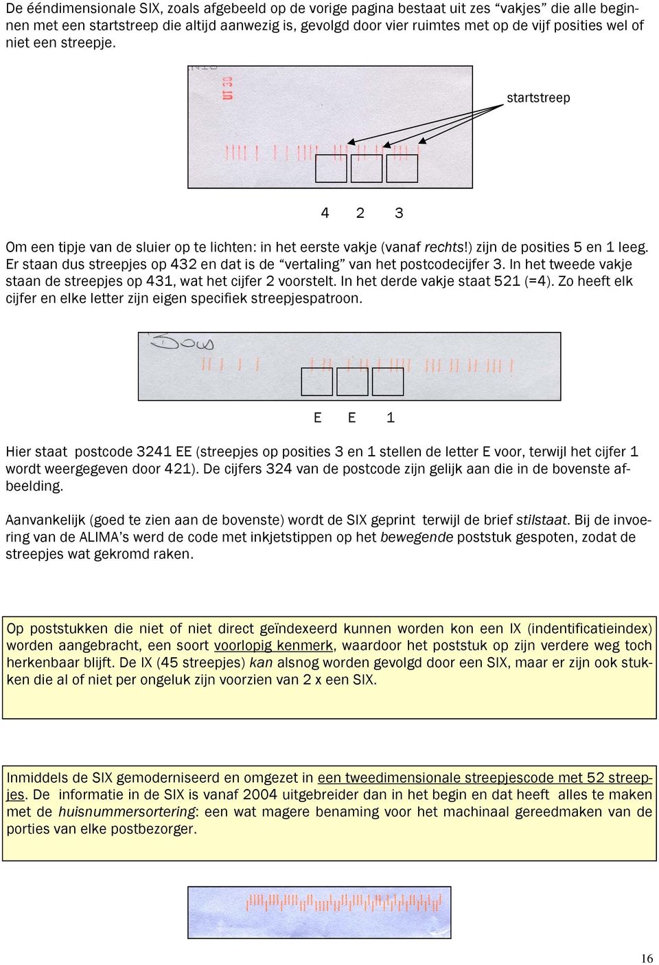 Er staan dus streepjes op 432 en dat is de vertaling van het postcodecijfer 3. In het tweede vakje staan de streepjes op 431, wat het cijfer 2 voorstelt. In het derde vakje staat 521 (=4).