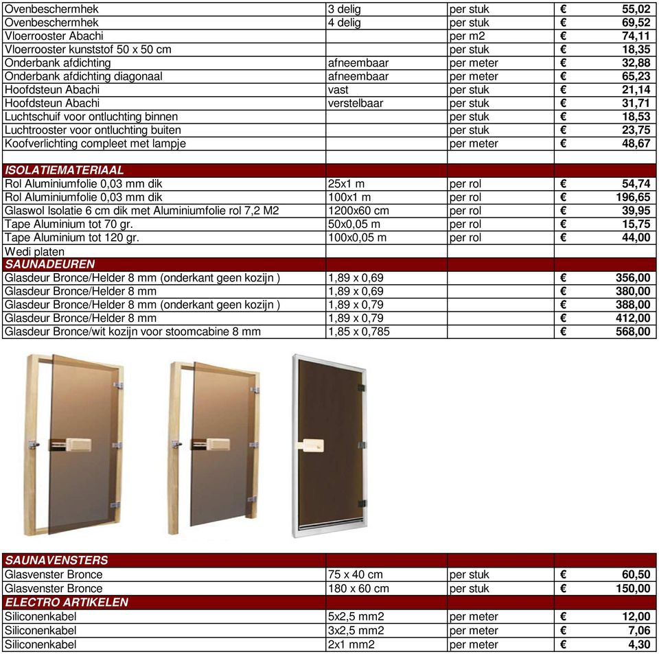 18,53 Luchtrooster voor ontluchting buiten per stuk 23,75 Koofverlichting compleet met lampje per meter 48,67 ISOLATIEMATERIAAL Rol Aluminiumfolie 0,03 mm dik 25x1 m per rol 54,74 Rol Aluminiumfolie