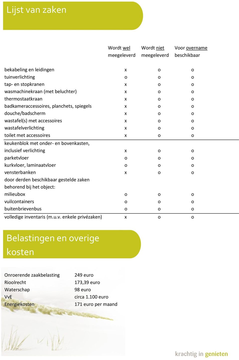 onder- en bovenkasten, inclusief verlichting x o o parketvloer o o o kurkvloer, laminaatvloer o o o vensterbanken x o o door derden beschikbaar gestelde zaken behorend bij het object: milieubox o o o