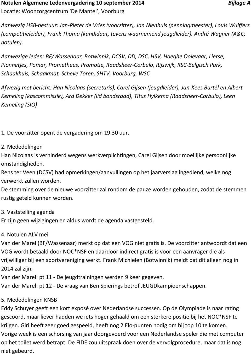 Aanwezige leden: BF/Wassenaar, Botwinnik, DCSV, DD, DSC, HSV, Haeghe Ooievaar, Lierse, Pionnetjes, Pomar, Prometheus, Promote, Raadsheer-Corbulo, Rijswijk, RSC-Belgisch Park, Schaakhuis, Schaakmat,