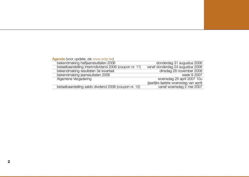 nr. 11) vanaf donderdag 24 augustus 2006 bekendmaking resultaten 3e kwartaal dinsdag 28 november 2006 bekendmaking