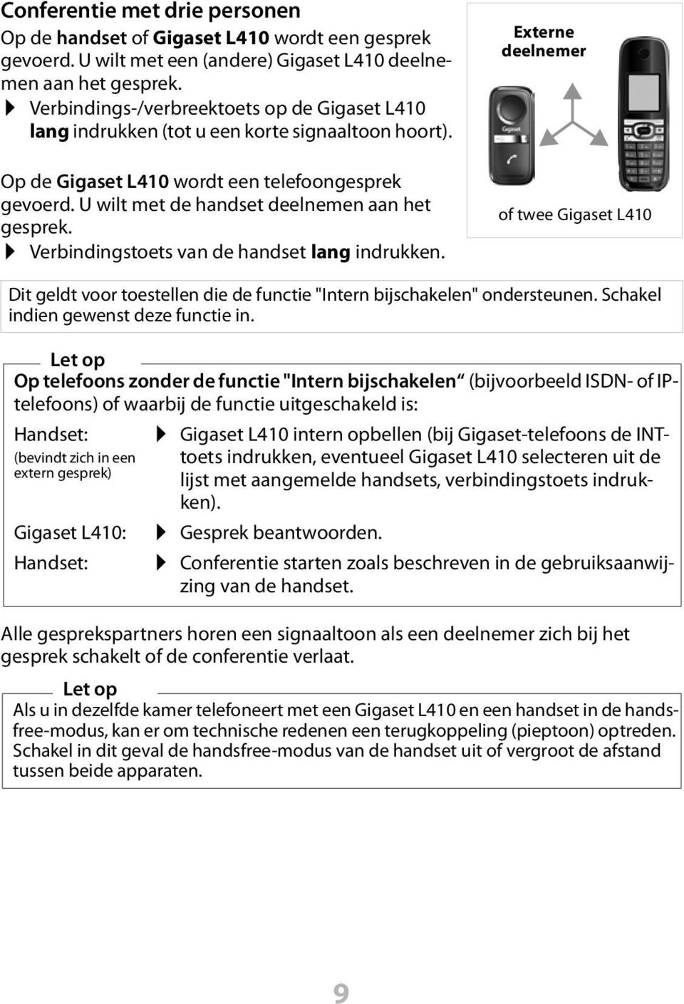 Verbindingstoets van de handset lang indrukken. Externe deelnemer of twee Gigaset L410 Dit geldt voor toestellen die de functie "Intern bijschakelen" ondersteunen.