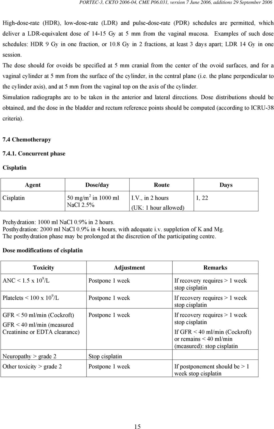 The dose should for ovoids be specified at 5 mm cranial from the center of the ovoid surfaces, and for a vaginal cylinder at 5 mm from the surface of the cylinder, in the central plane (i.e. the plane perpendicular to the cylinder axis), and at 5 mm from the vaginal top on the axis of the cylinder.