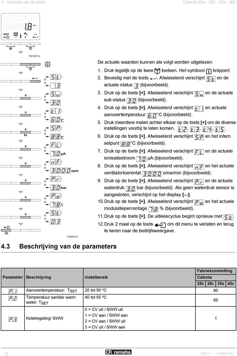 5. Druk meerdere malen achter elkaar op de toets [+] om de diverse instellingen voorbij te laten komen. t", t3, t4, t5. 4x 6. Druk op de toets [+].