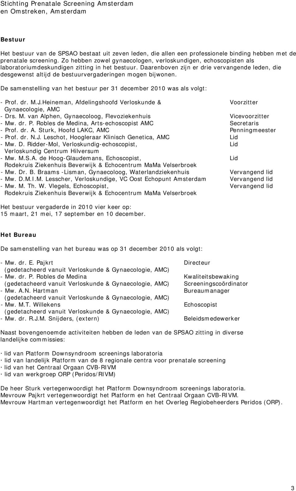 Daarenboven zijn er drie vervangende leden, die desgewenst altijd de bestuurvergaderingen mogen bijwonen. De samenstelling van het bestuur per 31 december 2010 was als volgt: - Prof. dr. M.J.