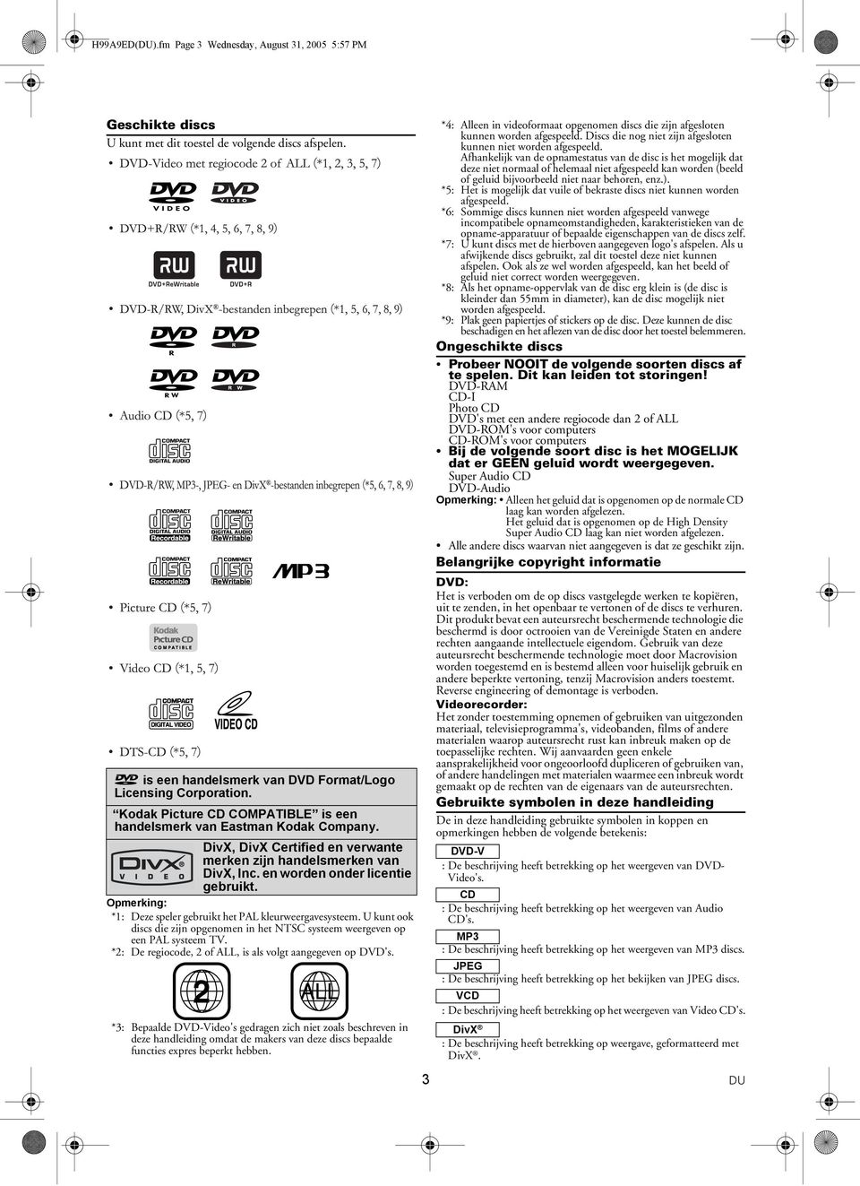 Opmerking: *1: Deze speler gebruikt het PAL kleurweergavesysteem. U kunt ook discs die zijn opgenomen in het NTSC systeem weergeven op een PAL systeem TV.