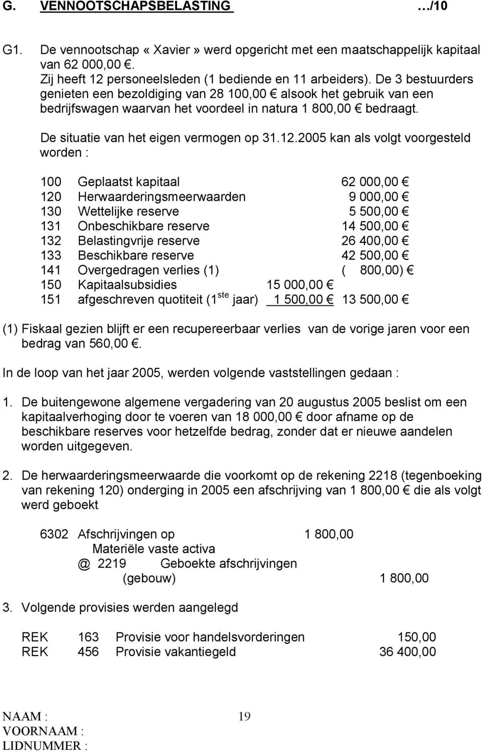 2005 kan als volgt voorgesteld worden : 100 Geplaatst kapitaal 62 000,00 120 Herwaarderingsmeerwaarden 9 000,00 130 Wettelijke reserve 5 500,00 131 Onbeschikbare reserve 14 500,00 132 Belastingvrije