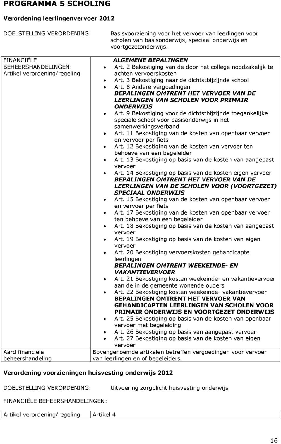 8 Andere vergoedingen BEPALINGEN OMTRENT HET VERVOER VAN DE LEERLINGEN VAN SCHOLEN VOOR PRIMAIR ONDERWIJS Art.