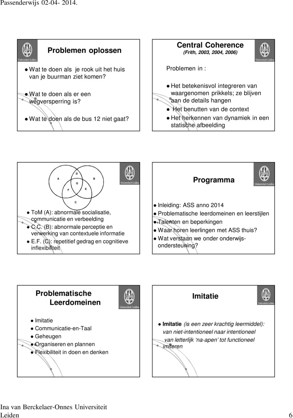 Problemen in : Het betekenisvol integreren van waargenomen prikkels; ze blijven aan de details hangen Het benutten van de context Het herkennen van dynamiek in een statische afbeelding A D G B