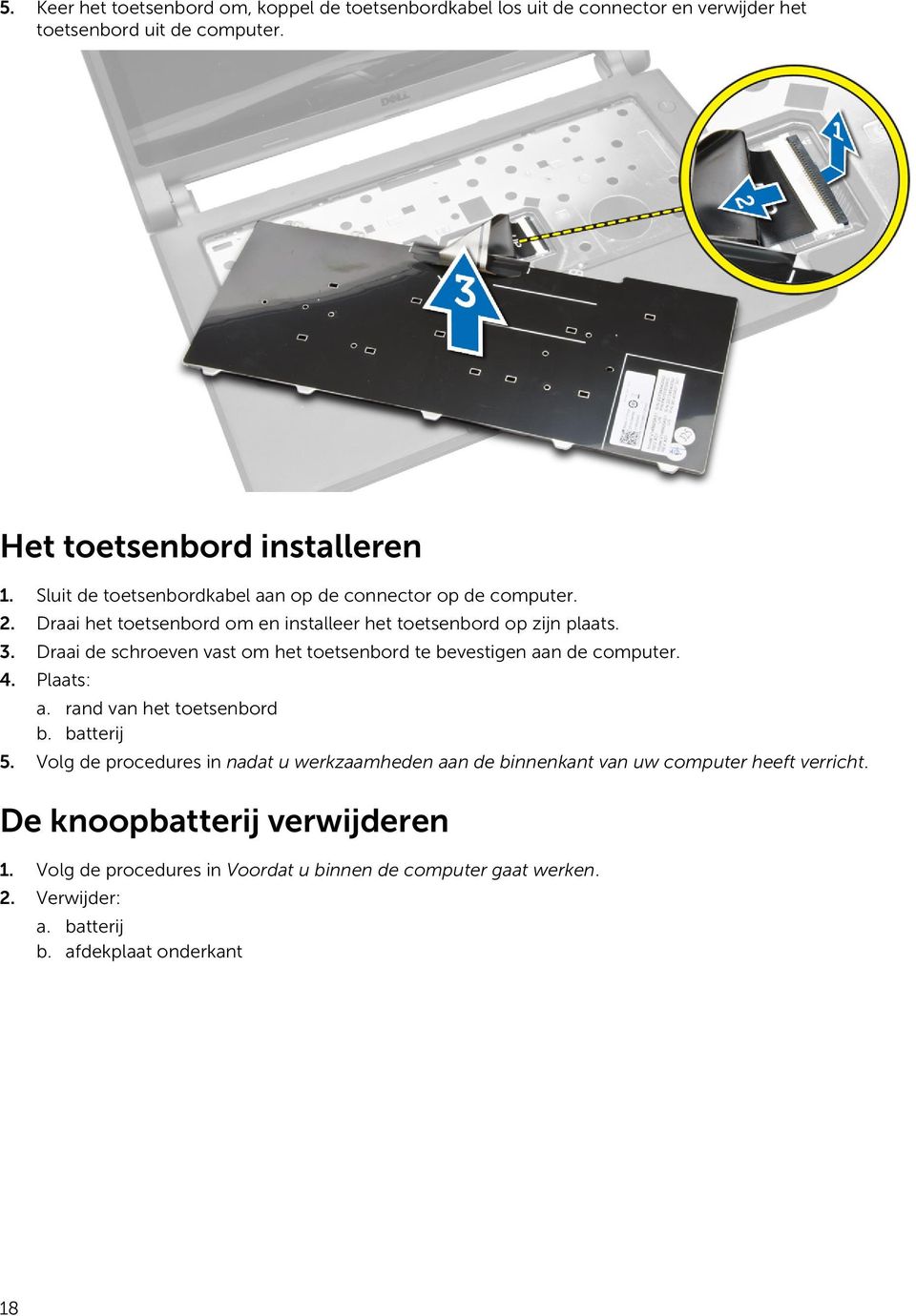 Draai de schroeven vast om het toetsenbord te bevestigen aan de computer. 4. Plaats: a. rand van het toetsenbord b. batterij 5.