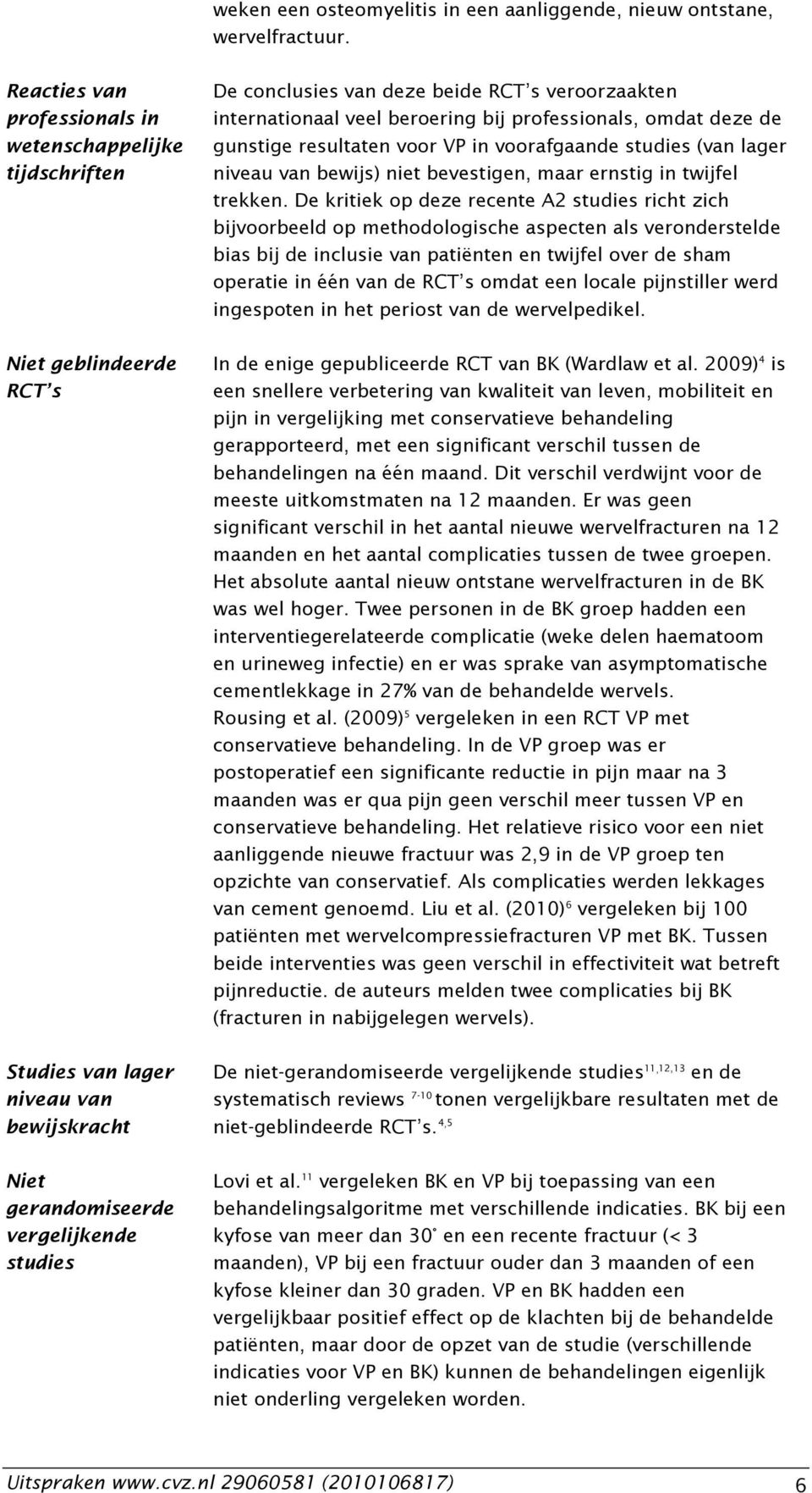 RCT s veroorzaakten internationaal veel beroering bij professionals, omdat deze de gunstige resultaten voor VP in voorafgaande studies (van lager niveau van bewijs) niet bevestigen, maar ernstig in