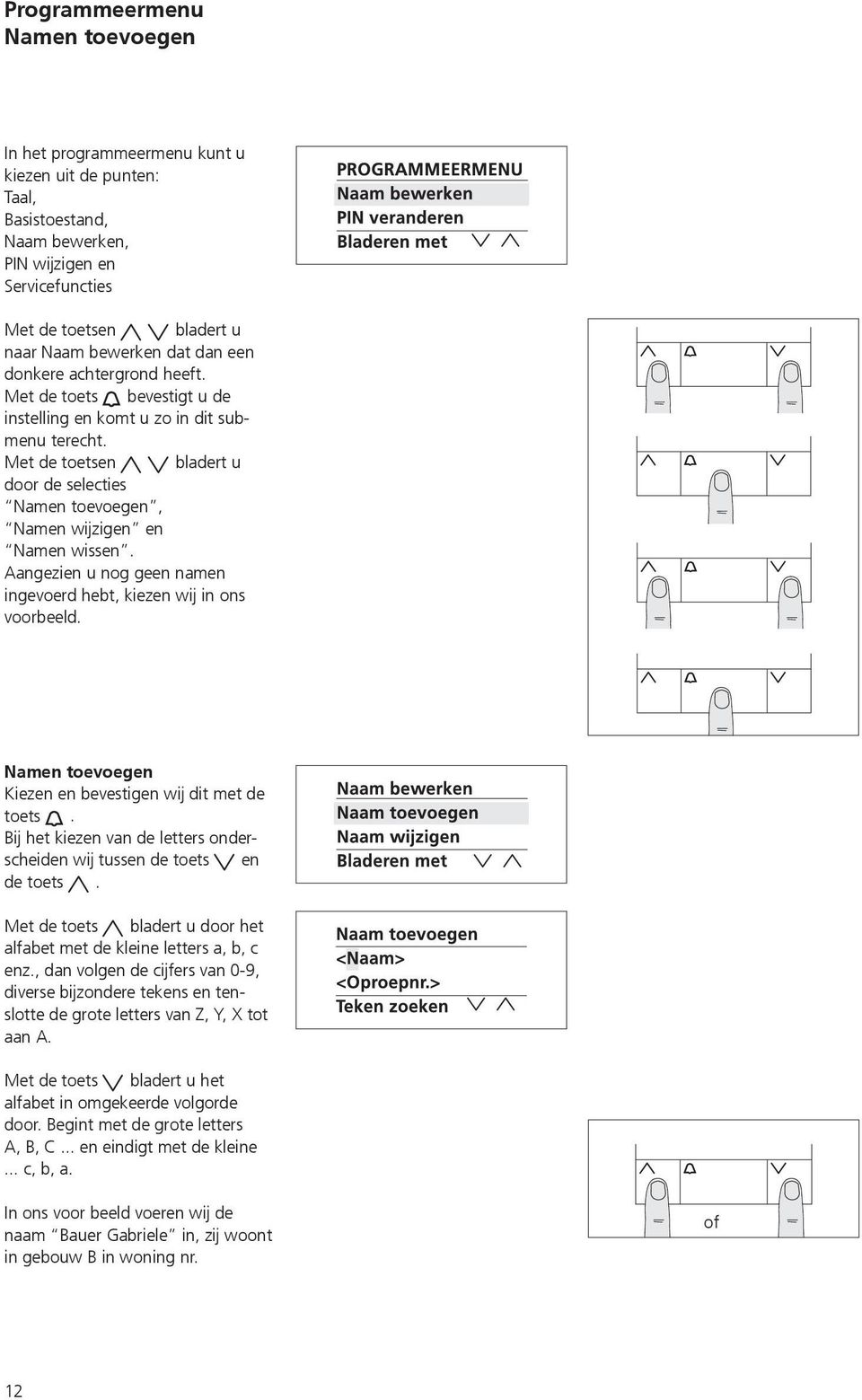 Met de toetsen bladert u door de selecties Namen toevoegen, Namen wijzigen en Namen wissen. Aangezien u nog geen namen ingevoerd hebt, kiezen wij in ons voorbeeld.