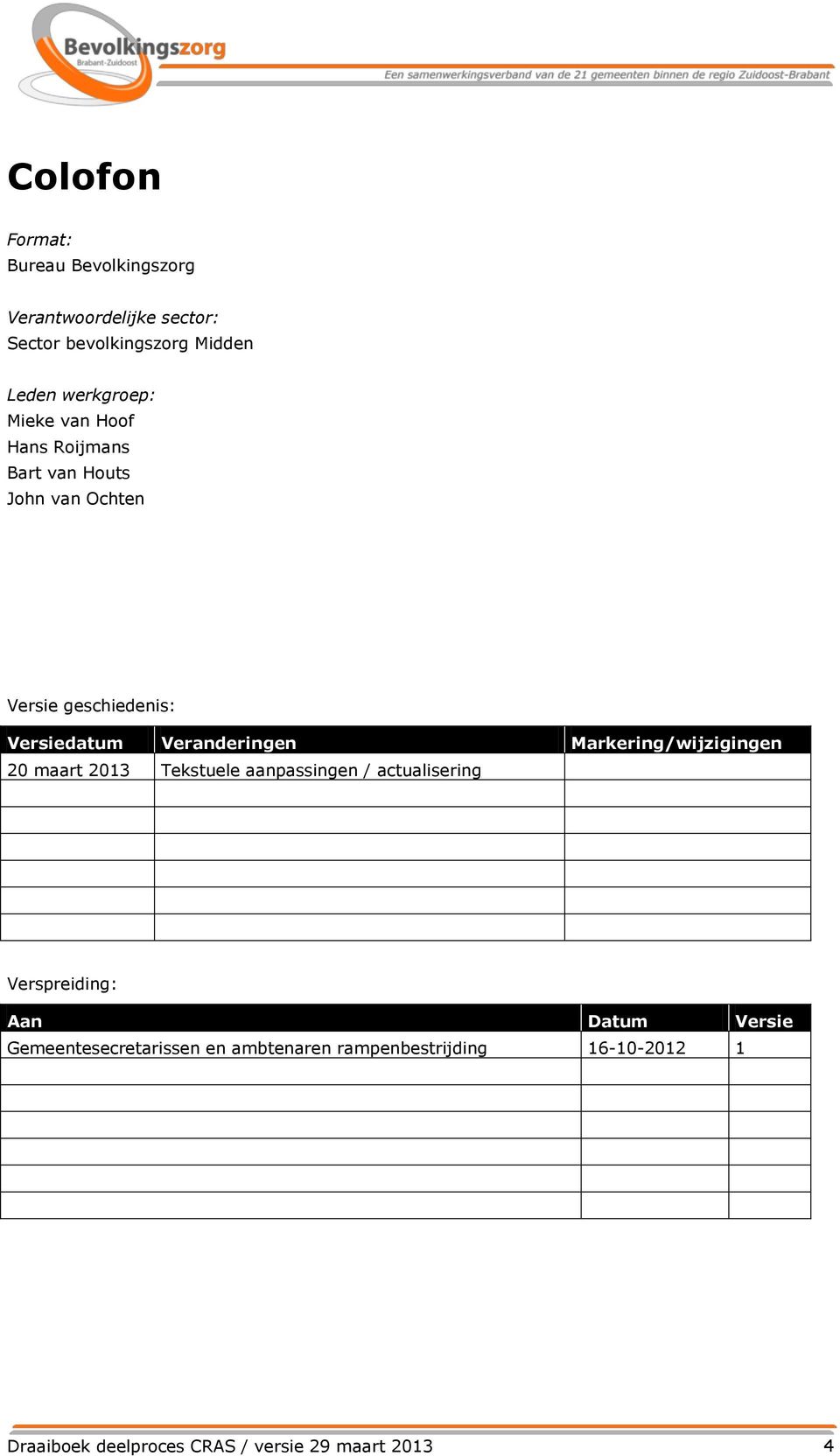 Markering/wijzigingen 20 maart 2013 Tekstuele aanpassingen / actualisering Verspreiding: Aan Datum Versie