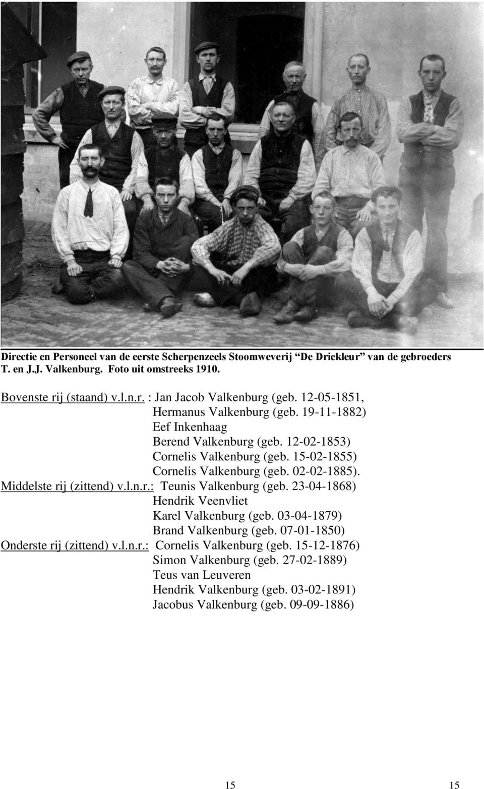 Middelste rij (zittend) v.l.n.r.: Teunis Valkenburg (geb. 23-04-1868) Hendrik Veenvliet Karel Valkenburg (geb. 03-04-1879) Brand Valkenburg (geb. 07-01-1850) Onderste rij (zittend) v.l.n.r.: Cornelis Valkenburg (geb.