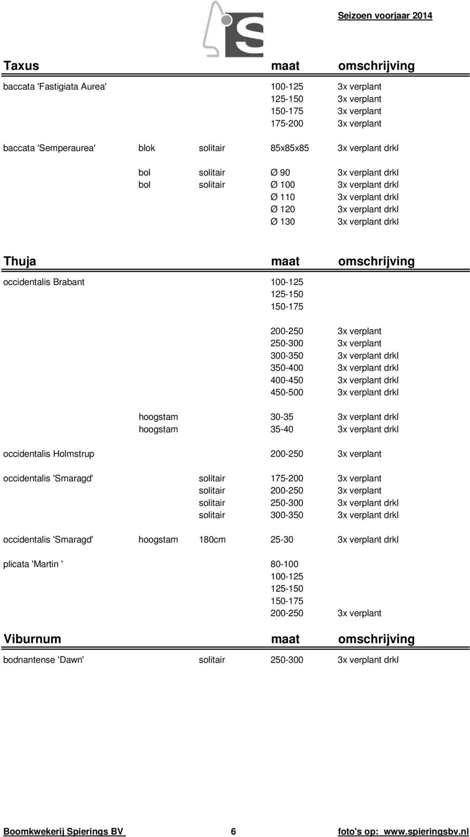 Brabant 100-125 125-150 150-175 200-250 3x verplant 250-300 3x verplant 300-350 3x verplant drkl 350-400 3x verplant drkl 400-450 3x verplant drkl 450-500 3x verplant drkl hoogstam 30-35 3x verplant