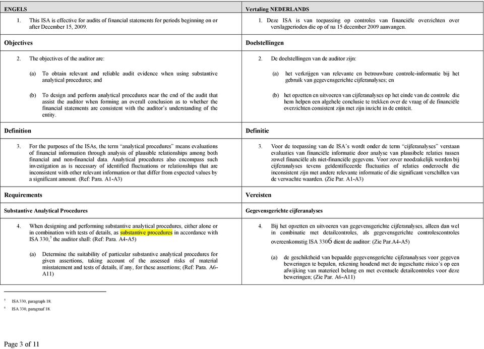 De doelstellingen van de auditor zijn: To obtain relevant and reliable audit evidence when using substantive analytical procedures; and het verkrijgen van relevante en betrouwbare controle-informatie