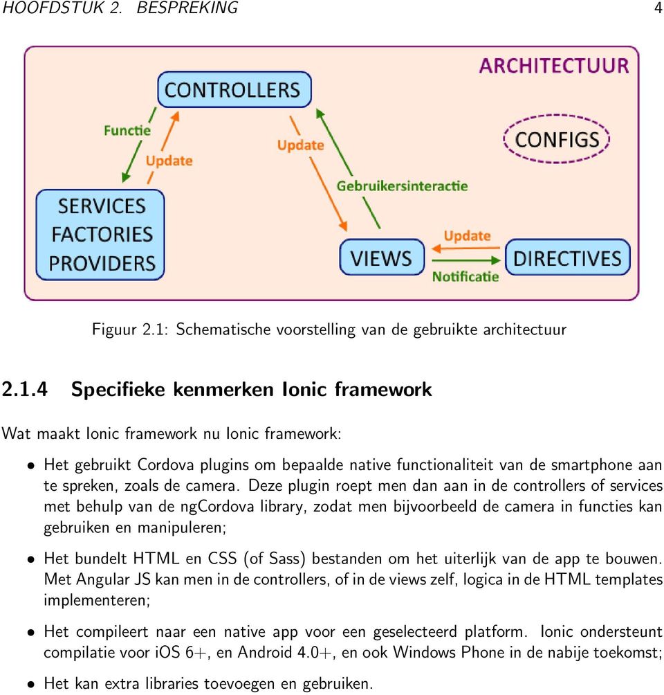 4 Specifieke kenmerken Ionic framework Wat maakt Ionic framework nu Ionic framework: Het gebruikt Cordova plugins om bepaalde native functionaliteit van de smartphone aan te spreken, zoals de camera.