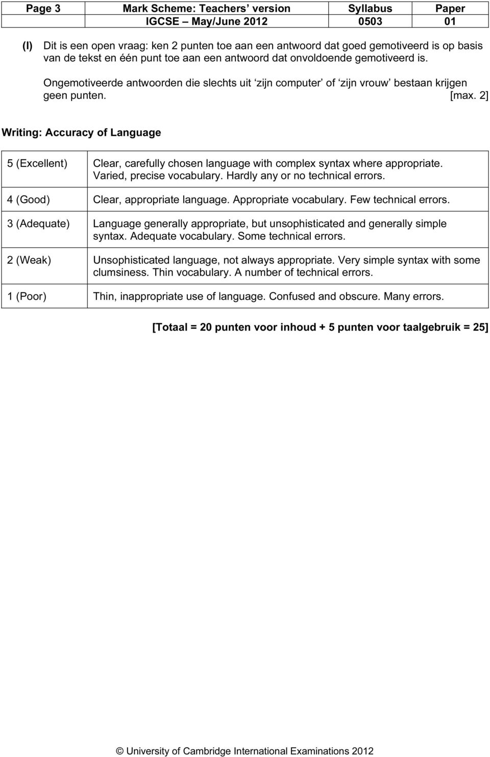 2] Writing: Accuracy of Language 5 (Excellent) Clear, carefully chosen language with complex syntax where appropriate. Varied, precise vocabulary. Hardly any or no technical errors.