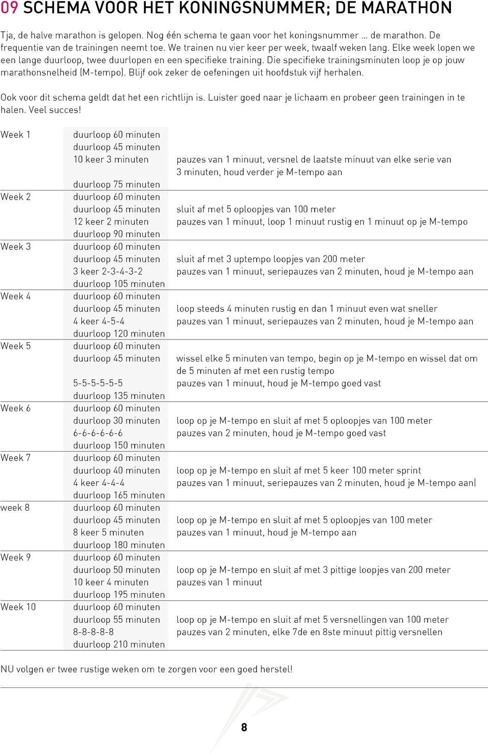 Die specifieke trainingsminuten loop je op jouw marathonsnelheid (M-tempo). Blijf ook zeker de oefeningen uit hoofdstuk vijf herhalen. Ook voor dit schema geldt dat het een richtlijn is.