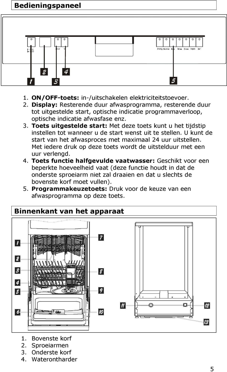 Toets uitgestelde start: Met deze toets kunt u het tijdstip instellen tot wanneer u de start wenst uit te stellen. U kunt de start van het afwasproces met maximaal 24 uur uitstellen.