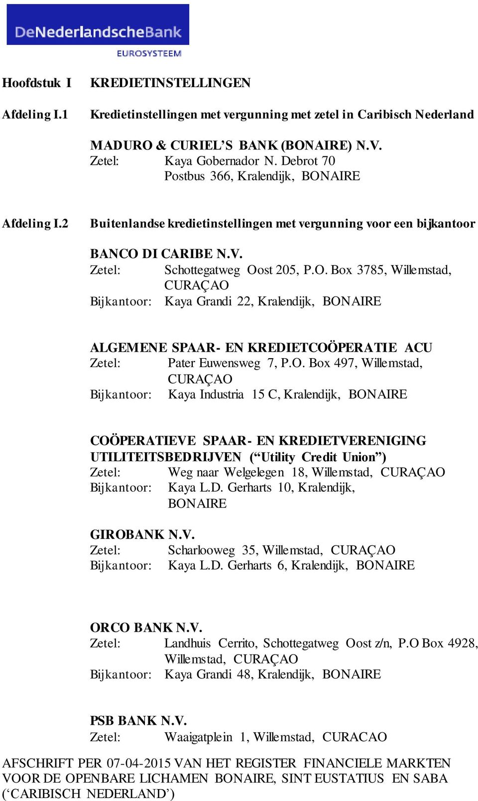 O. Box 497, Willemstad, CURAÇAO Bijkantoor: Kaya Industria 15 C, Kralendijk, BONAIRE COÖPERATIEVE SPAAR- EN KREDIETVERENIGING UTILITEITSBEDRIJVEN ( Utility Credit Union ) Zetel: Weg naar Welgelegen