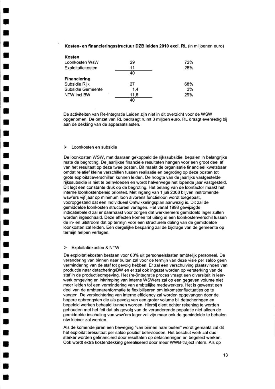 Leiden zijn niet in dit overzicht voor de WSW opgenomen. De omzet van RL bedraagt ruimt 3 miljoen euro. RL draagt evenredig bij aan de dekking van de apparaatslasten.