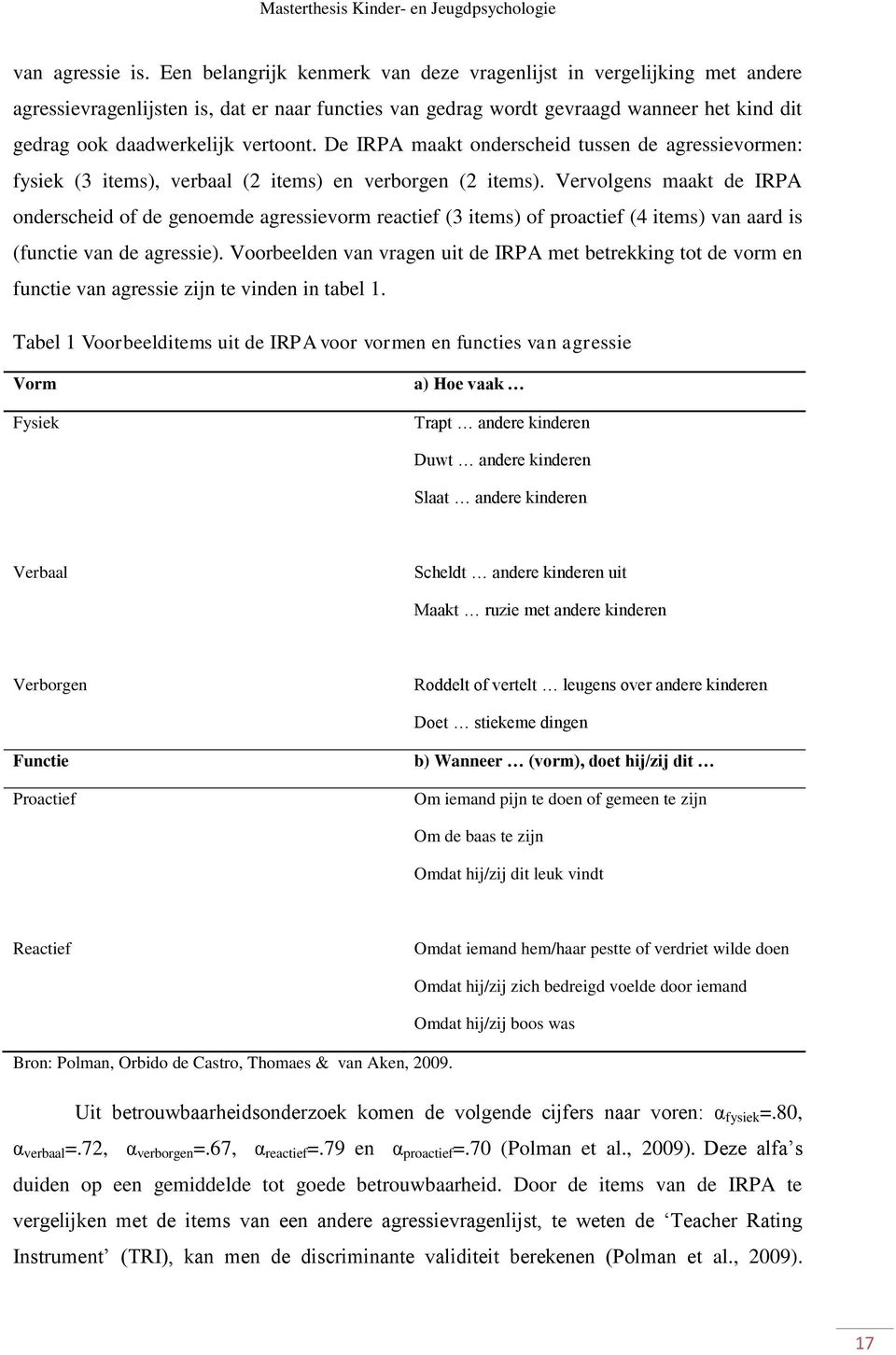 De IRPA maakt onderscheid tussen de agressievormen: fysiek (3 items), verbaal (2 items) en verborgen (2 items).